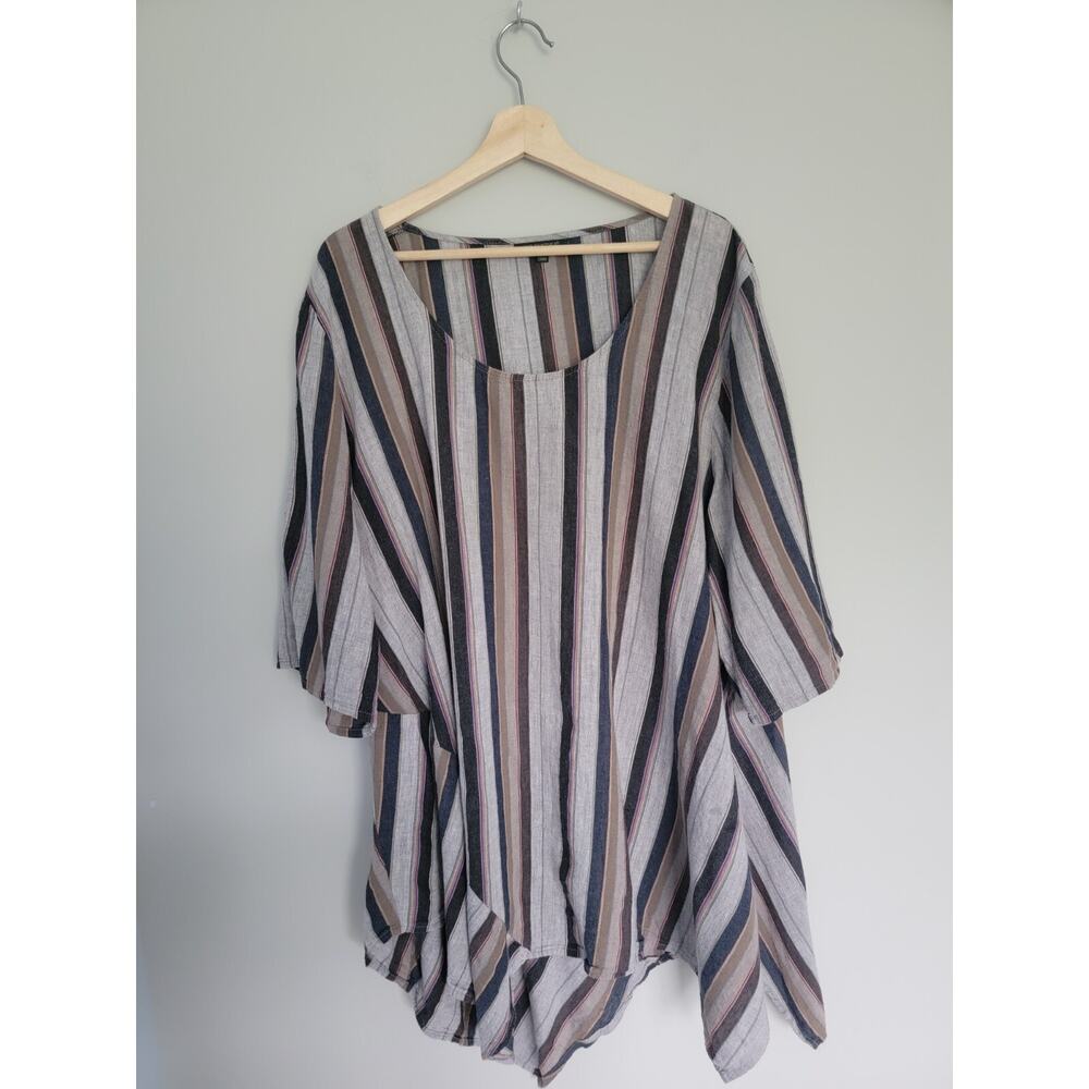 For Cynthia Plus 3X Linen Blend Asymmetrical Striped Lagenlook Tunic Blouse